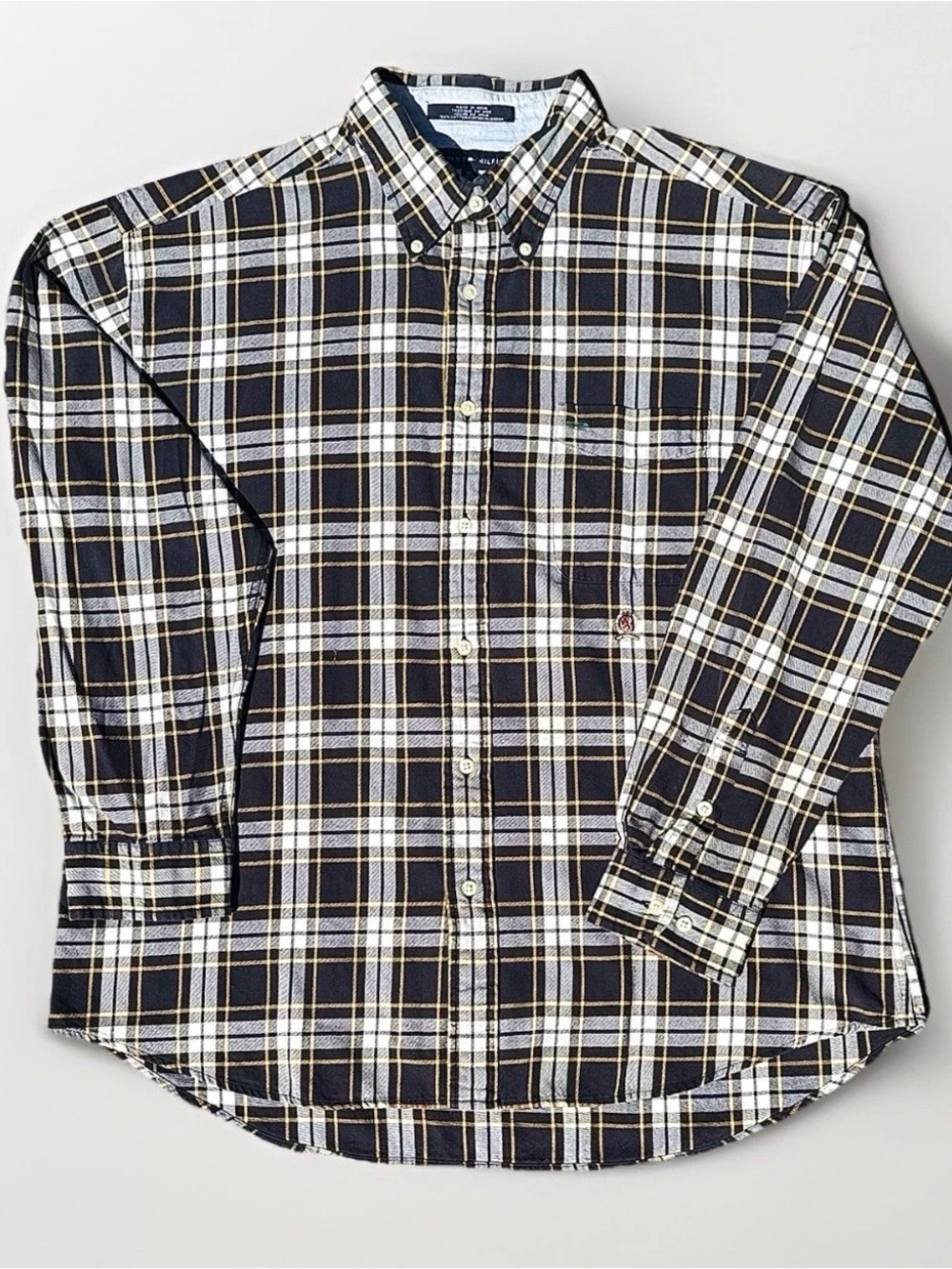 Vintage Tommy Hilfiger Mens XL Plaid Flannel Shirt Navy Yellow White Button-Down